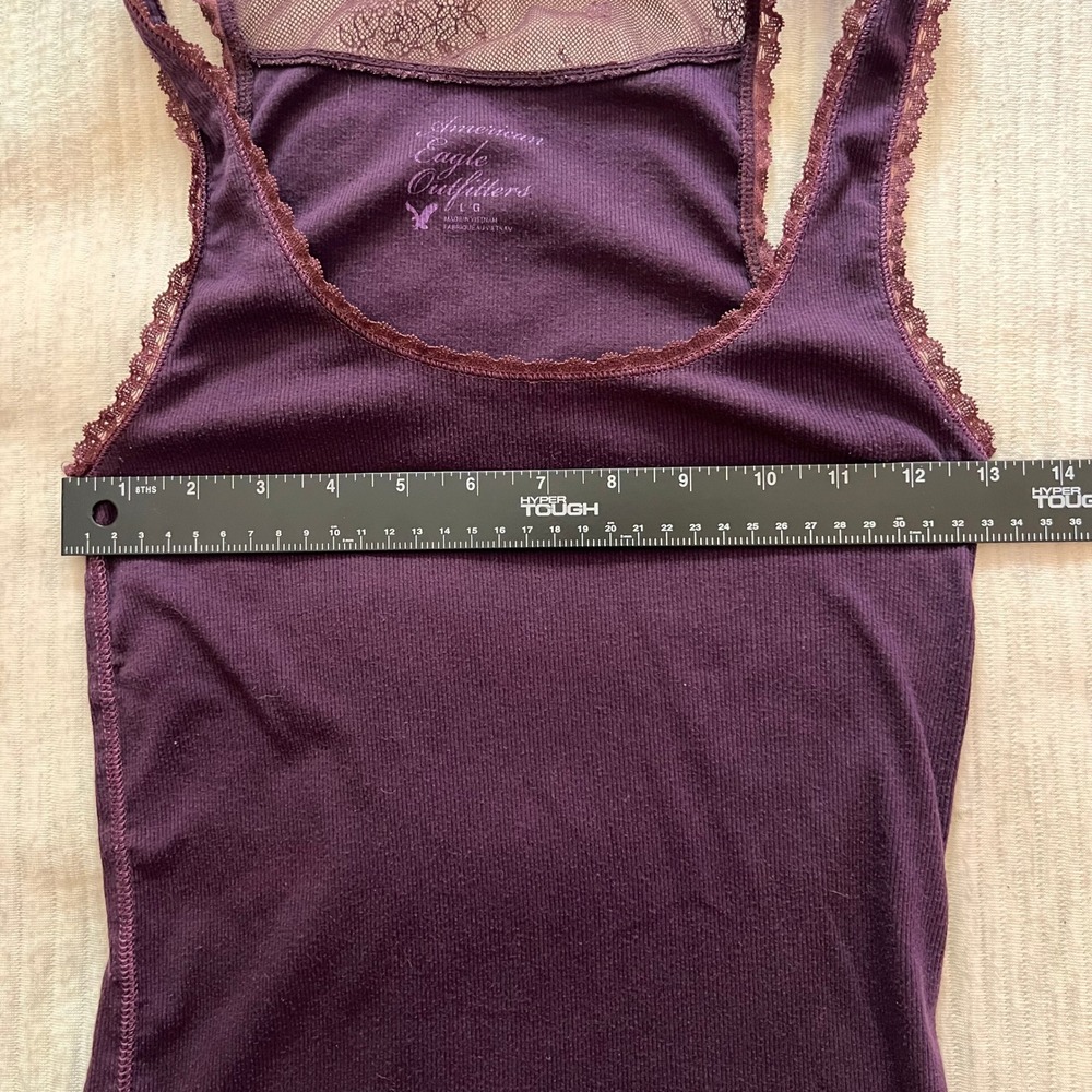 American Eagle Purple Ribbed Lace Trim Tank Top Sheer Back Womens Large Y2K - Picture 6 of 8